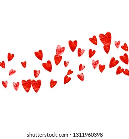 Heart border background with pink glitter. Valentines day. Vector confetti. Hand drawn texture. Love theme for poster, gift certificate, banner. Wedding and bridal template with heart border.