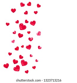 Heart border background with pink glitter. Valentines day. Vector confetti. Hand drawn texture. Love theme for gift coupons, vouchers, ads, events. Wedding and bridal template with heart border.