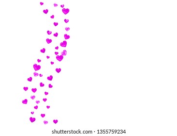 Heart border background with pink glitter. Valentines day. Vector confetti. Hand drawn texture. Love theme for gift coupons, vouchers, ads, events. Wedding and bridal template with heart border.