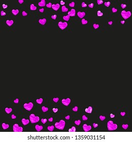 Heart border background with pink glitter. Valentines day. Vector confetti. Hand drawn texture. Love theme for gift coupons, vouchers, ads, events. Wedding and bridal template with heart border.