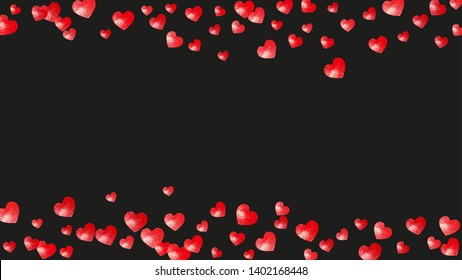 Heart border background with pink glitter. Valentines day. Vector confetti. Hand drawn texture. Love theme for party invite, retail offer and ad. Wedding and bridal template with heart border.