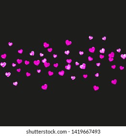 Heart border background with pink glitter. Valentines day. Vector confetti. Hand drawn texture. Love theme for voucher, special business banner. Wedding and bridal template with heart border.
