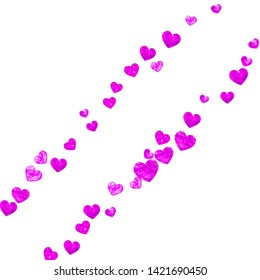 Heart border background with pink glitter. Valentines day. Vector confetti. Hand drawn texture. Love theme for gift coupons, vouchers, ads, events. Wedding and bridal template with heart border.