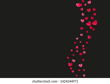 Fondo de borde cardíaco con brillo rosa. Día de San Valentín. Vector confetti. Textura dibujada a mano. Tema de amor para el afiche, certificado de regalo, pancarta. Plantilla matrimonial con borde cardíaco.