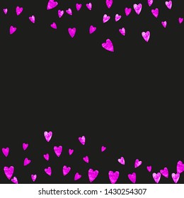 Heart border background with pink glitter. Valentines day. Vector confetti. Hand drawn texture. Love theme for voucher, special business banner. Wedding and bridal template with heart border.