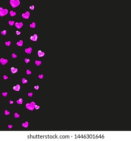 Heart border background with pink glitter. Valentines day. Vector confetti. Hand drawn texture. Love theme for gift coupons, vouchers, ads, events. Wedding and bridal template with heart border.