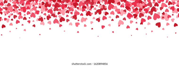 Heart border. Bright hearts confetti falling on white background. Valentines Day banner for greeting cards, wedding invitation, gift packages. Vector illustration.