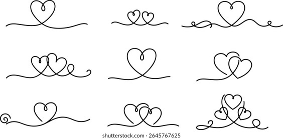 Heart border, continuous line art heart banner, divider set