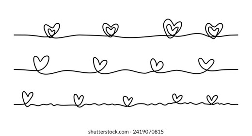 Heart border linear repeatable and editable continuous line art vector.