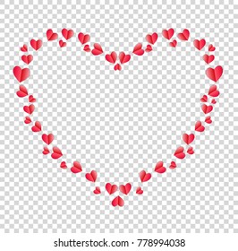 Heart border made of red folded paper hearts with space for text or image isolated on transparent background, Vector Valentine's Day greeting card, background, template. 