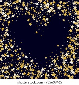 Heart Border with Stars Confetti. Golden Stars Glitter Heart Frame on Dark Blue Background. Greeting Card, Invitation Template with Free Space. Night Sky Vector Background.