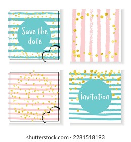 Heart Border. Turquoise Minimal Concept. Mint Effect. Stripe Carnival Element. White Nursery Illustration. Pink Winter Painting. Metallic Magazine Set. Golden Heart Border