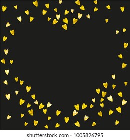 Heart border for Valentines day with gold glitter. February 14th day. Vector confetti for heart border template. Grunge hand drawn texture. Love theme for flyer, special business offer, promo.