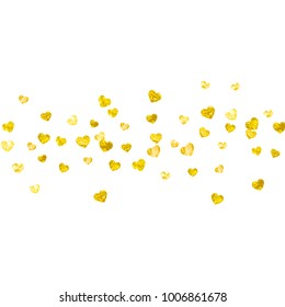 Heart border for Valentines day with gold glitter. February 14th day. Vector confetti for heart border template. Grunge hand drawn texture. Love theme for flyer, special business offer, promo.