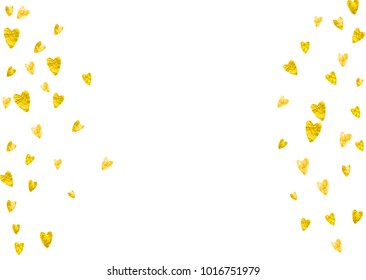 Heart border for Valentines day with gold glitter. February 14th day. Vector confetti for heart border template. Grunge hand drawn texture. Love theme for poster, gift certificate, banner.