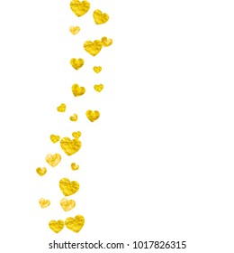 Heart border for Valentines day with gold glitter. February 14th day. Vector confetti for heart border template. Grunge hand drawn texture. Love theme for party invite, retail offer and ad.