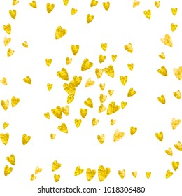 Heart border for Valentines day with gold glitter. February 14th day. Vector confetti for heart border template. Grunge hand drawn texture. Love theme for voucher, special business ad, banner.