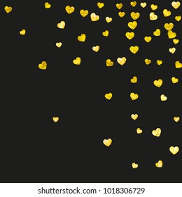 Heart border for Valentines day with gold glitter. February 14th day. Vector confetti for heart border template. Grunge hand drawn texture. Love theme for voucher, special business ad, banner.