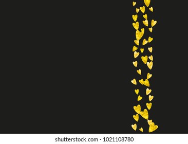 Heart border for Valentines day with gold glitter. February 14th day. Vector confetti for heart border template. Grunge hand drawn texture. Love theme for party invite, retail offer and ad.