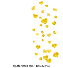 Heart border for Valentines day with gold glitter. February 14th day. Vector confetti for heart border template. Grunge hand drawn texture. Love theme for gift coupons, vouchers, ads, events.