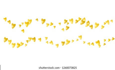 Heart border for Valentines day with gold glitter. February 14th day. Vector confetti for heart border template. Grunge hand drawn texture. Love theme for voucher, special business ad, banner.