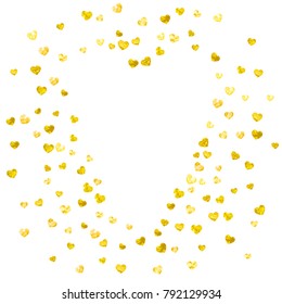 Heart border for Valentines day with gold glitter. February 14th day. Vector confetti for heart border template. Grunge hand drawn texture. Love theme for voucher, special business ad, banner.