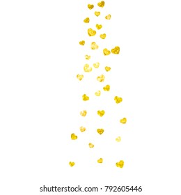 Heart border for Valentines day with gold glitter. February 14th day. Vector confetti for heart border template. Grunge hand drawn texture. Love theme for special business offer, banner, flyer.