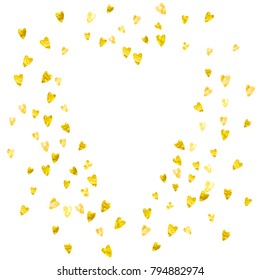 Heart border for Valentines day with gold glitter. February 14th day. Vector confetti for heart border template. Grunge hand drawn texture. Love theme for gift coupons, vouchers, ads, events.