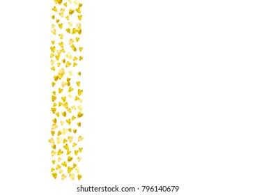 Heart border for Valentines day with gold glitter. February 14th day. Vector confetti for heart border template. Grunge hand drawn texture. Love theme for special business offer, banner, flyer.