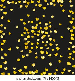 Heart border for Valentines day with gold glitter. February 14th day. Vector confetti for heart border template. Grunge hand drawn texture. Love theme for party invite, retail offer and ad.