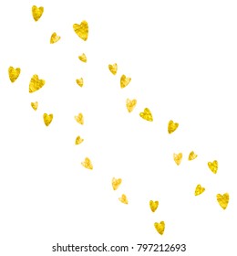 Heart border for Valentines day with gold glitter. February 14th day. Vector confetti for heart border template. Grunge hand drawn texture. Love theme for flyer, special business offer, promo.