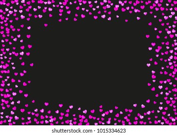 Heart border for Valentines day with pink glitter. February 14th day. Vector confetti for heart border template. Grunge hand drawn texture. Love theme for special business offer, banner, flyer.