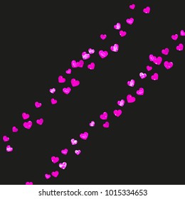 Heart border for Valentines day with pink glitter. February 14th day. Vector confetti for heart border template. Grunge hand drawn texture. Love theme for voucher, special business ad, banner.
