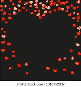 Heart border for Valentines day with pink glitter. February 14th day. Vector confetti for heart border template. Grunge hand drawn texture. Love theme for voucher, special business ad, banner.
