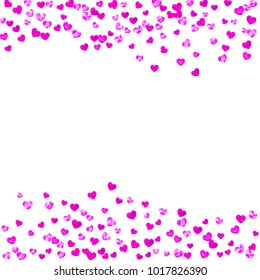 Heart border for Valentines day with pink glitter. February 14th day. Vector confetti for heart border template. Grunge hand drawn texture. Love theme for voucher, special business ad, banner.