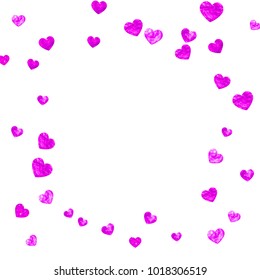 Heart border for Valentines day with pink glitter. February 14th day. Vector confetti for heart border template. Grunge hand drawn texture. Love theme for gift coupons, vouchers, ads, events.