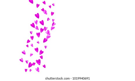 Heart border for Valentines day with pink glitter. February 14th day. Vector confetti for heart border template. Grunge hand drawn texture. Love theme for poster, gift certificate, banner.