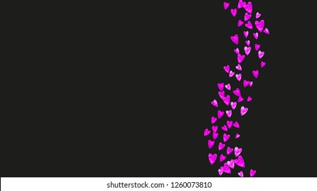 Heart border for Valentines day with pink glitter. February 14th day. Vector confetti for heart border template. Grunge hand drawn texture. Love theme for gift coupons, vouchers, ads, events.