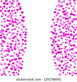 Heart border for Valentines day with pink glitter. February 14th day. Vector confetti for heart border template. Grunge hand drawn texture. Love theme for flyer, special business offer, promo.