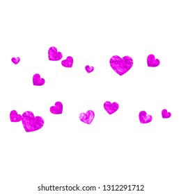 Heart border for Valentines day with pink glitter. February 14th day. Vector confetti for heart border template. Grunge hand drawn texture. Love theme for flyer, special business offer, promo.