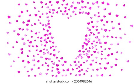 Heart border for Valentines day with pink glitter. February 14th day. Vector confetti for heart border template. Grunge hand drawn texture. Love theme for party invite, retail offer and ad.