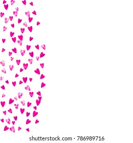Heart border for Valentines day with pink glitter. February 14th day. Vector confetti for heart border template. Grunge hand drawn texture. Love theme for flyer, special business offer, promo.