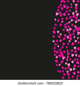 Heart border for Valentines day with pink glitter. February 14th day. Vector confetti for heart border template. Grunge hand drawn texture. Love theme for special business offer, banner, flyer.