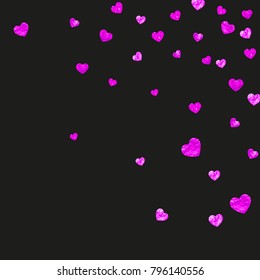 Heart border for Valentines day with pink glitter. February 14th day. Vector confetti for heart border template. Grunge hand drawn texture. Love theme for special business offer, banner, flyer.