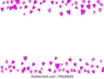 Heart border for Valentines day with pink glitter. February 14th day. Vector confetti for heart border template. Grunge hand drawn texture. Love theme for party invite, retail offer and ad.