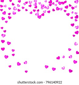 Heart border for Valentines day with pink glitter. February 14th day. Vector confetti for heart border template. Grunge hand drawn texture. Love theme for gift coupons, vouchers, ads, events.