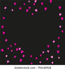 Heart border for Valentines day with pink glitter. February 14th day. Vector confetti for heart border template. Grunge hand drawn texture. Love theme for voucher, special business ad, banner.