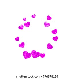 Heart border for Valentines day with pink glitter. February 14th day. Vector confetti for heart border template. Grunge hand drawn texture. Love theme for party invite, retail offer and ad.