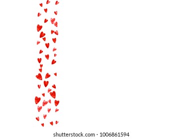 Heart border for Valentines day with red glitter. February 14th day. Vector confetti for heart border template. Grunge hand drawn texture. Love theme for poster, gift certificate, banner.