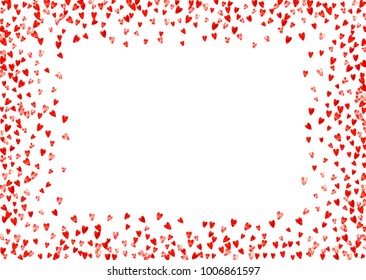 Heart border for Valentines day with red glitter. February 14th day. Vector confetti for heart border template. Grunge hand drawn texture. Love theme for party invite, retail offer and ad.